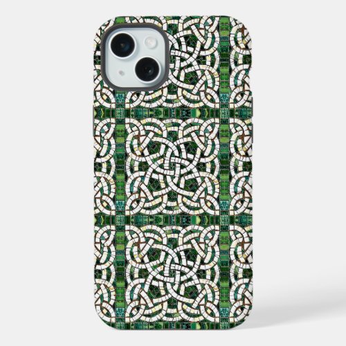 Green and White Celtic Knot Stone Mosaic iPhone 15 Plus Case