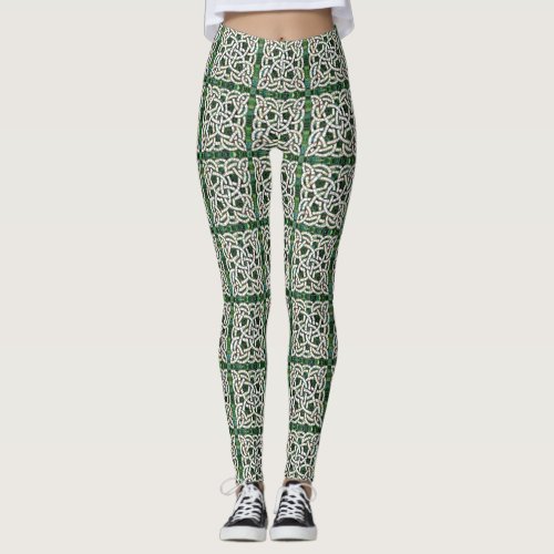 Green and White Celtic Knot Stone Mosaic Leggings