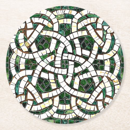 Green and White Celtic Knot Stone Mosaic Round Paper Coaster