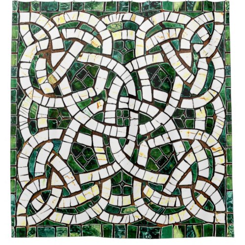Green and White Celtic Knot Stone Mosaic Shower Curtain