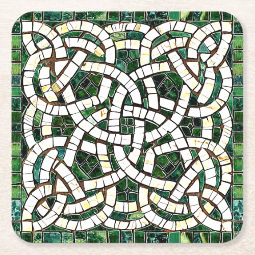 Green and White Celtic Knot Stone Mosaic Square Paper Coaster