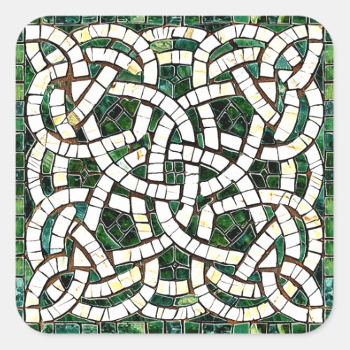 Green and White Celtic Knot Stone Mosaic Square Sticker