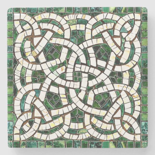 Green and White Celtic Knot Stone Mosaic Stone Coaster