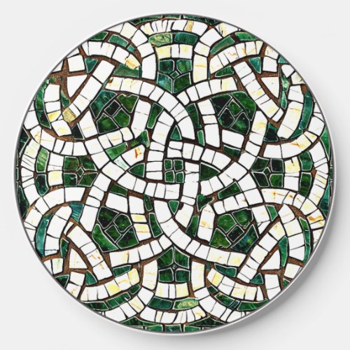 Green and White Celtic Knot Stone Mosaic Wireless Charger