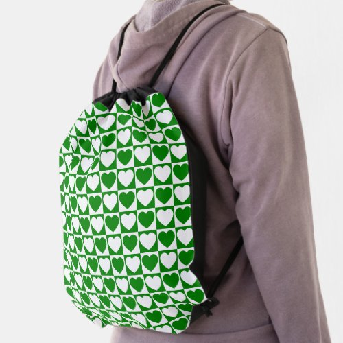 Green and White Checkerboard Heart Pattern Drawstring Bag