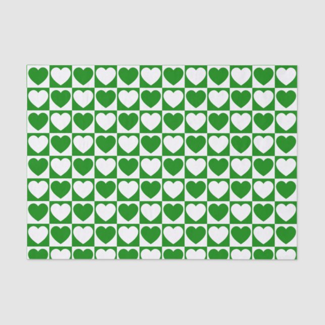 Green and White Checkered Pattern With Hearts Tissue Paper (Front)
