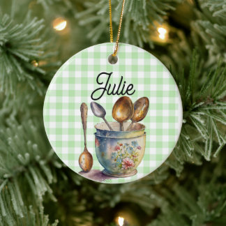 "Green and White Checkered - Spoons in Cup Ceramic Ornament