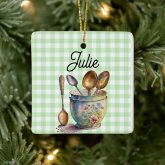 "Green and White Checkered - Spoons in Cup Ceramic Ornament