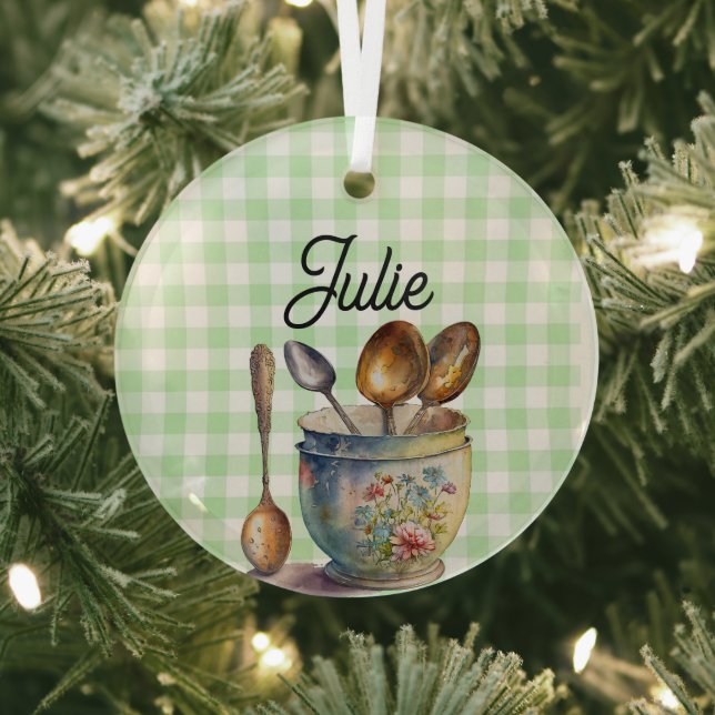 "Green and White Checkered - Spoons in Cup Glass Ornament (Insitu)