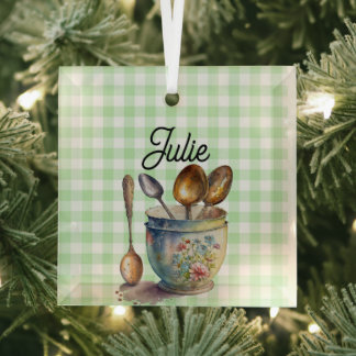 "Green and White Checkered - Spoons in Cup Glass Ornament