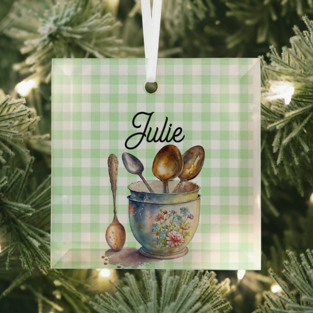 "Green and White Checkered - Spoons in Cup Glass Ornament (Insitu)