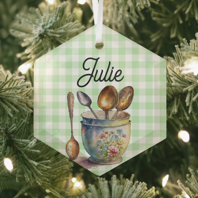 "Green and White Checkered - Spoons in Cup Glass Ornament (Insitu)