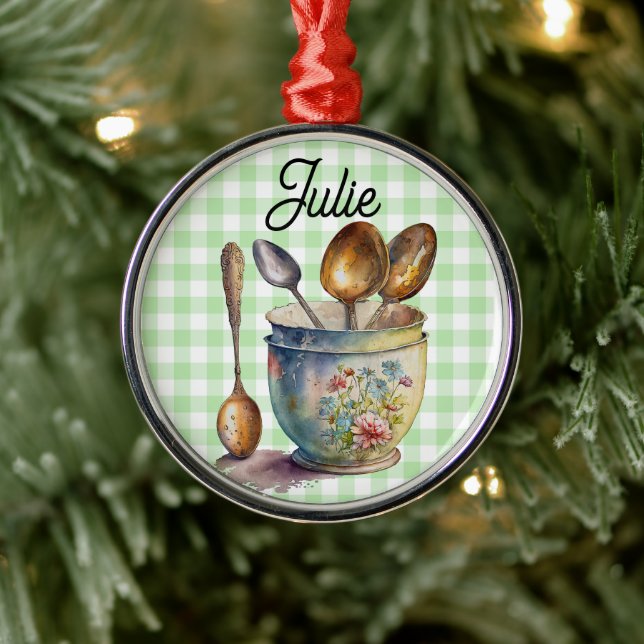 "Green and White Checkered - Spoons in Cup Metal Ornament (Tree)
