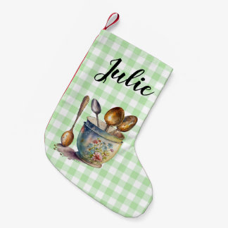 "Green and White Checkered - Spoons in Cup Small Christmas Stocking
