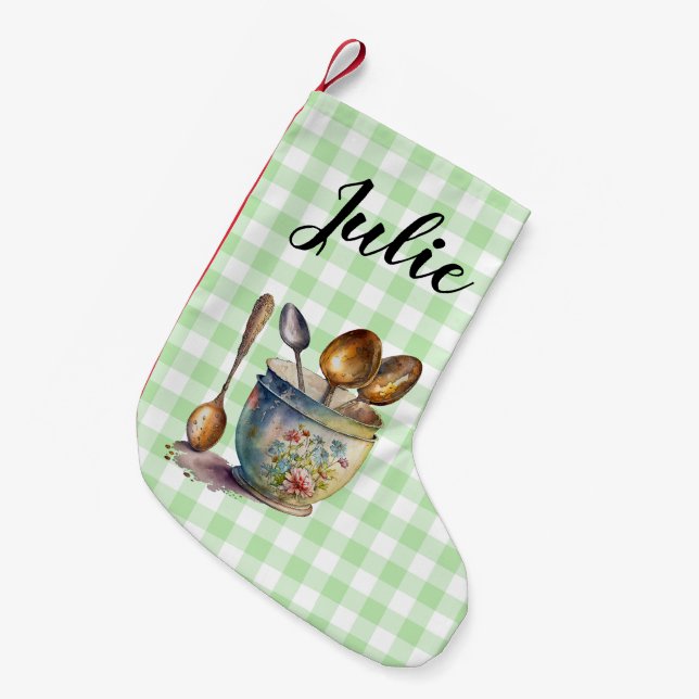 "Green and White Checkered - Spoons in Cup Small Christmas Stocking (Front (Hanging))
