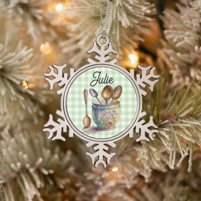 "Green and White Checkered - Spoons in Cup Snowflake Pewter Christmas Ornament (Tree)