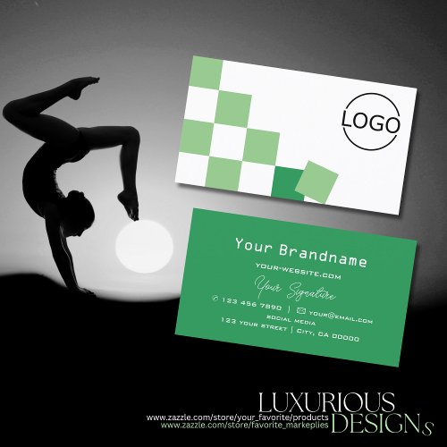 Green and White Chessboard Modern with Logo Cool Business Card