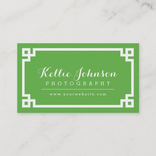 Green and White Chic Greek Key Border Business Card