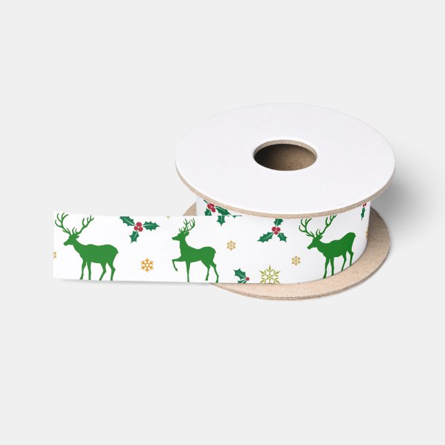Green and White Christmas Deer 1.5 Inch Satin Satin Ribbon (Spool)