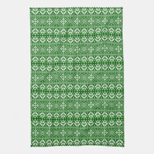 Green and White Christmas Fair Isle Pattern Kitchen Towel (Vertical)