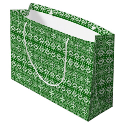 Green and White Christmas Fair Isle Pattern Large Gift Bag