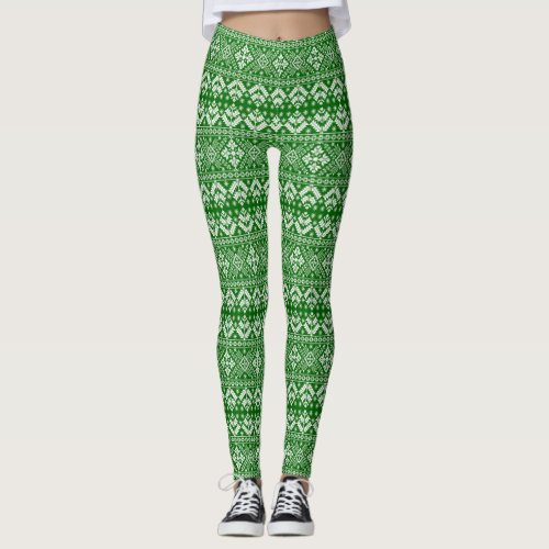 Green and White Christmas Fair Isle Pattern Leggings