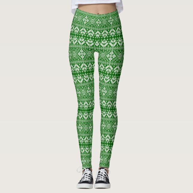 Green and White Christmas Fair Isle Pattern Leggings (Front)