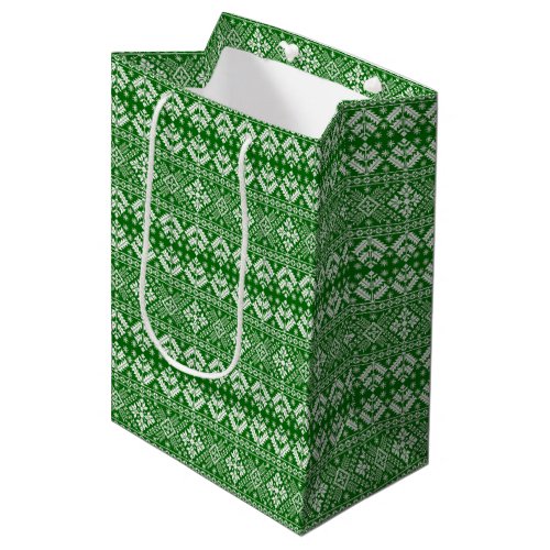Green and White Christmas Fair Isle Pattern Medium Gift Bag