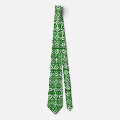 Green and White Christmas Fair Isle Pattern Neck Tie