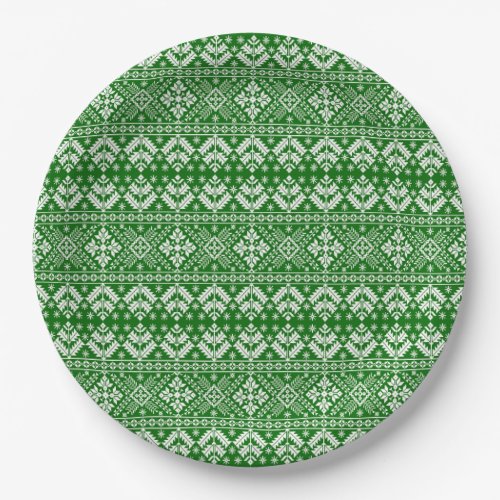 Green and White Christmas Fair Isle Pattern Paper Plates