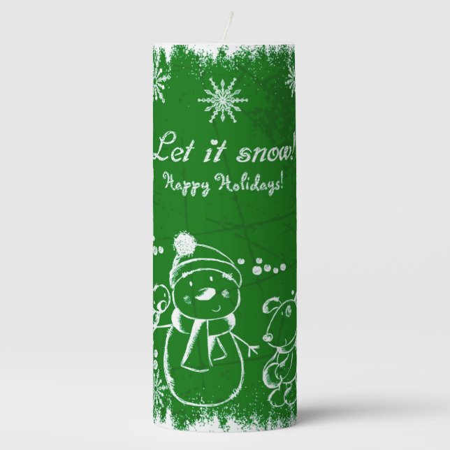 Green And White Christmas Illustration Flameless C Pillar Candle (Front)