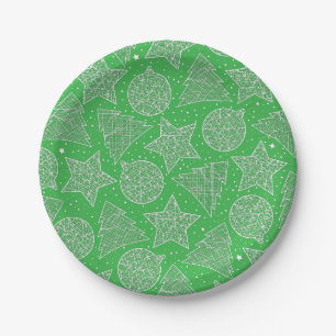 Green and White Christmas Pattern Paper Plates