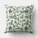 Green and White Christmas Toile Aesthetic Throw Pillow