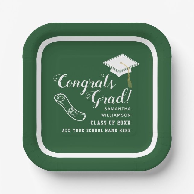 Green and White Class of 2025 Congrats Grad Paper Plates (Front)