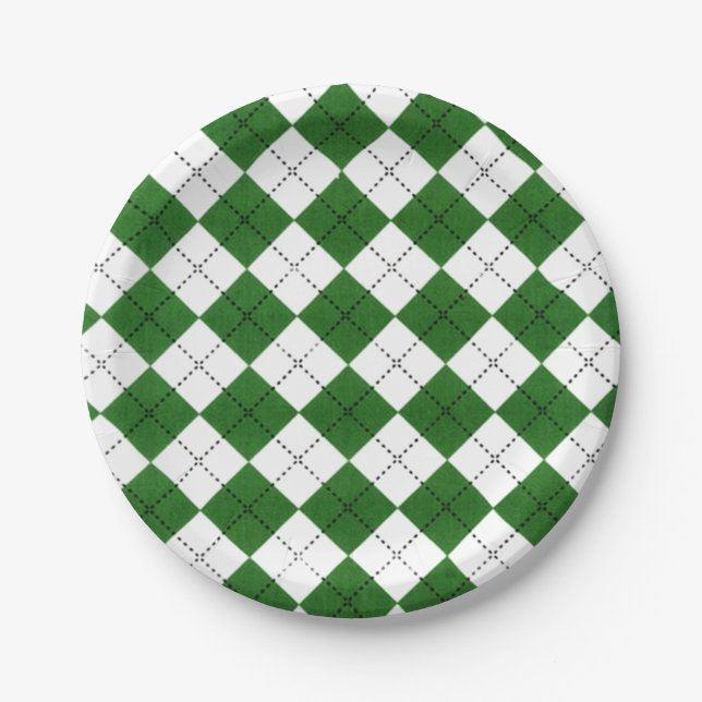 Green and White Classic Argyle Pattern Paper Plates (Front)