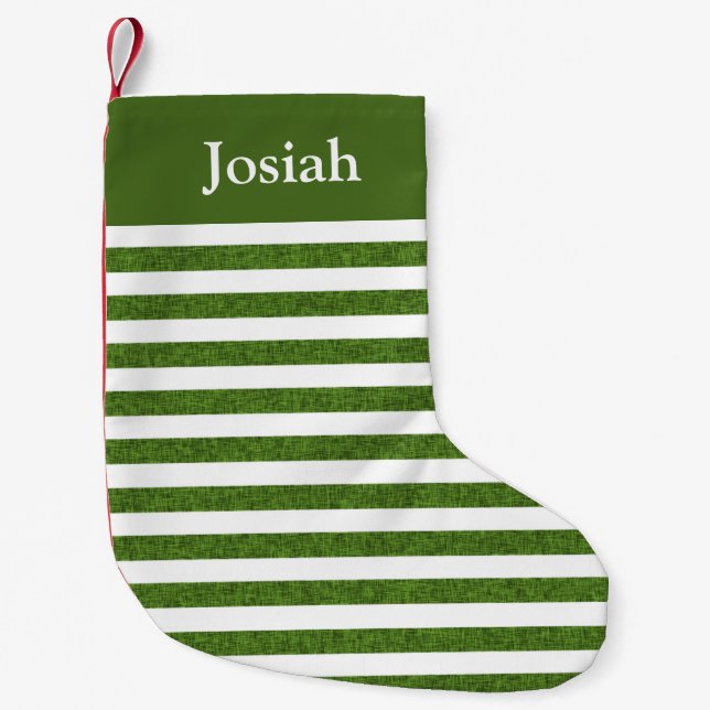 Green and White classic stripes name Small Christmas Stocking (Front)