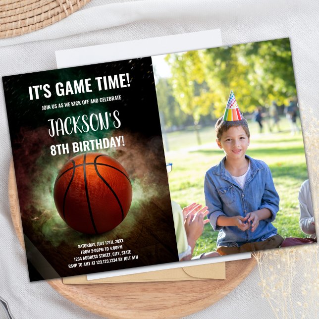 Green and White Cloud Basketball Birthday Invitation (Green White Cloud Basketball Invitations photo)