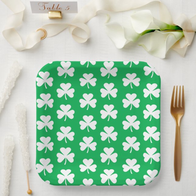Green and White Clover Pattern Paper Plates (Wedding)