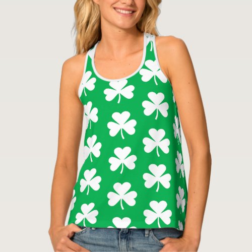 Green and White Clover Pattern Tank Top