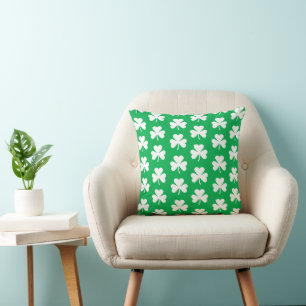 Green and White Clover Pattern Throw Pillow