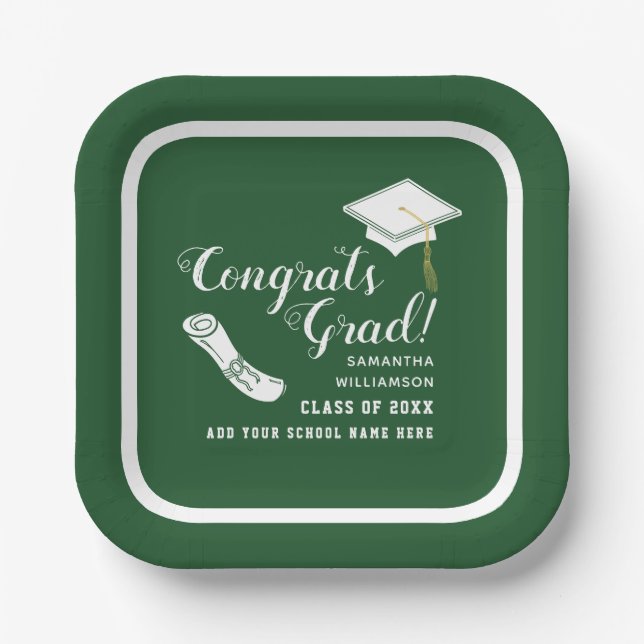 Green and White Congrats Grad Class of 2025 Paper Plates (Front)