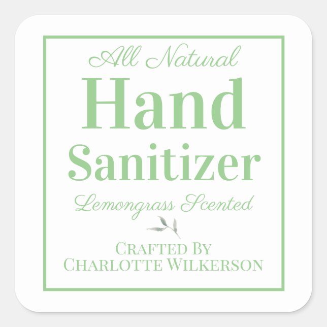 Green and White Custom Homemade Hand Sanitizer Square Sticker (Front)