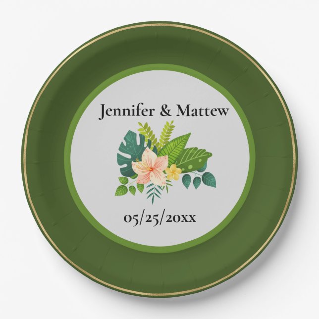 Green and White Custom Wedding Paper Plate (Front)