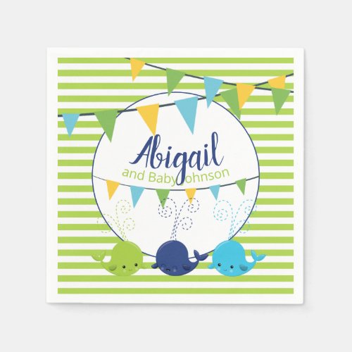 Green and White Cute Whales Baby Shower Its A Boy Napkins
