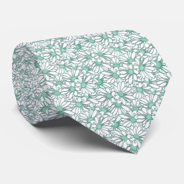 Green and White Daisies Patterned Tie (Rolled)