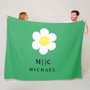 green and white daisy simple modern monogram cute fleece blanket