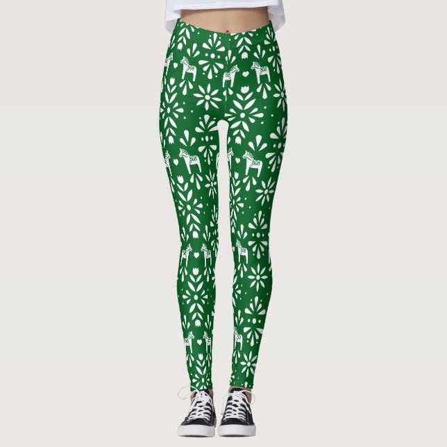 Green and White Dala Horse Folk Art Pattern Leggings (Front)