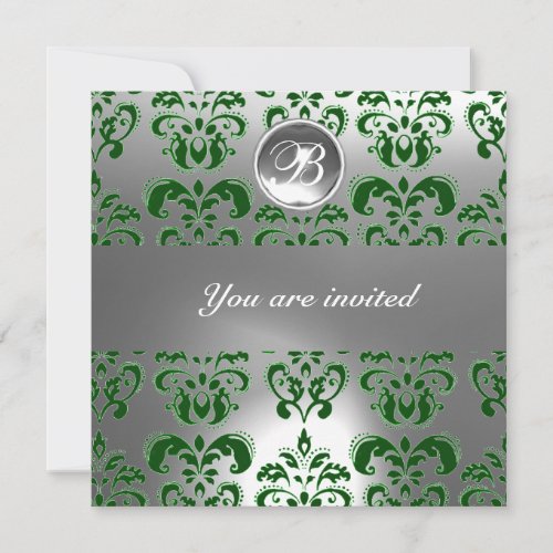 GREEN AND WHITE DAMASK GEM STONE MONOGRAM INVITATION