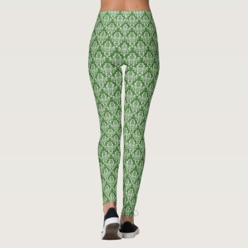 Green And White Damask Patterned Leggings | Zazzle