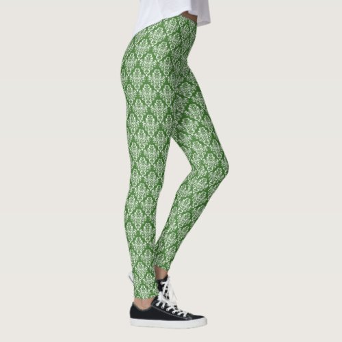 Green And White Damask Patterned Leggings